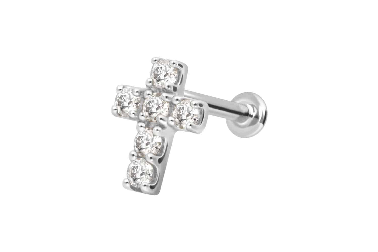 14 Karat Gold Labret Piercing mit Push Fit MOISSANIT-KREUZ